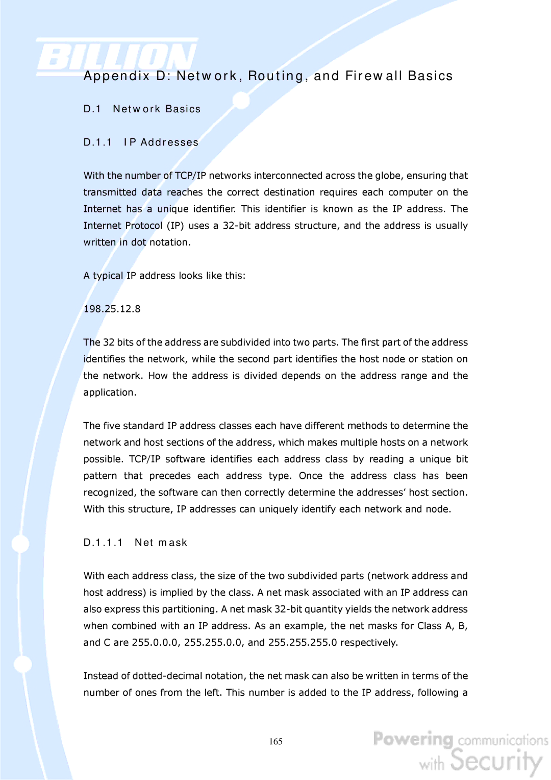 Billion Electric Company BiGuard 50G user manual Network Basics IP Addresses, Net mask 