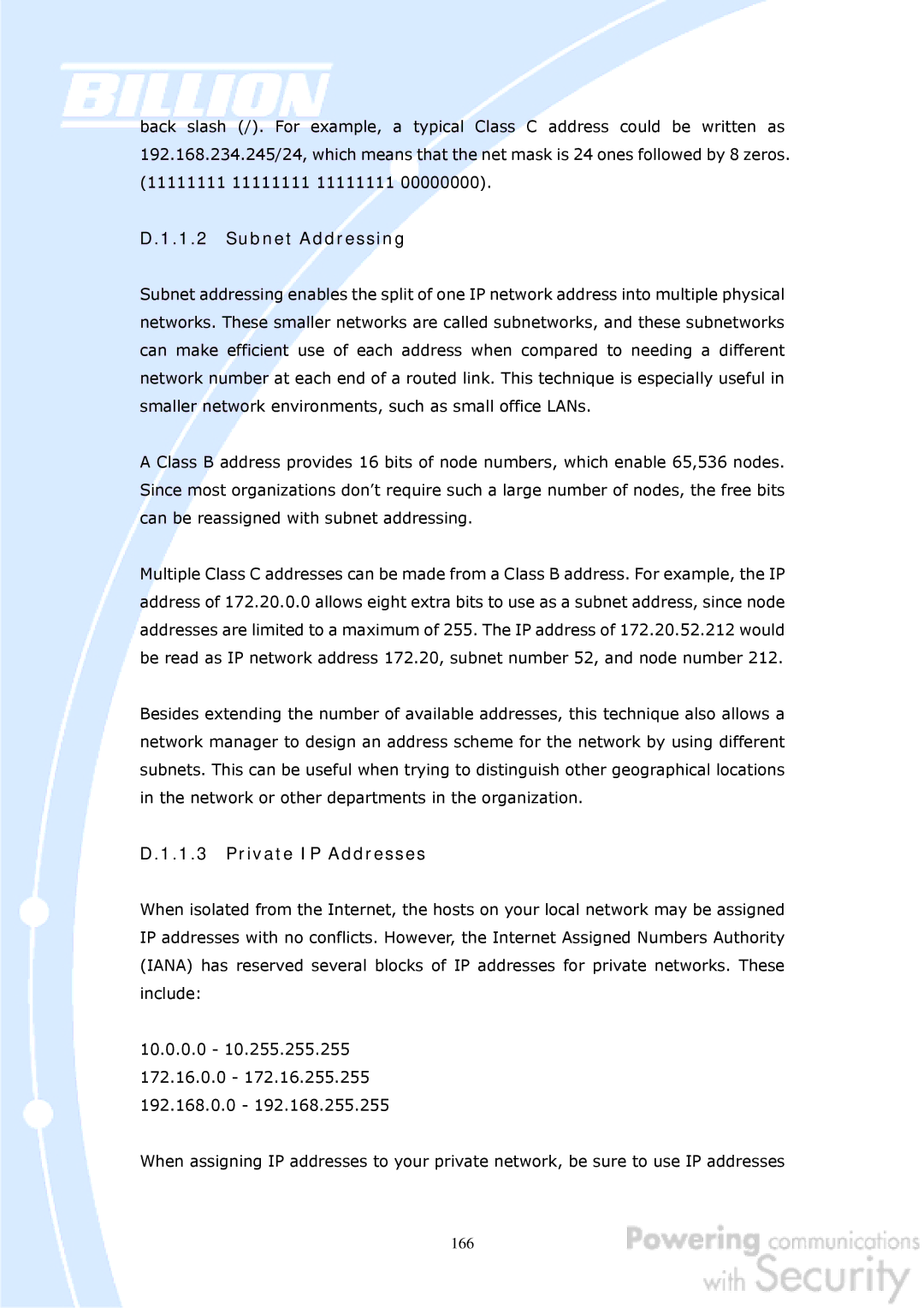 Billion Electric Company BiGuard 50G user manual Subnet Addressing, Private IP Addresses 