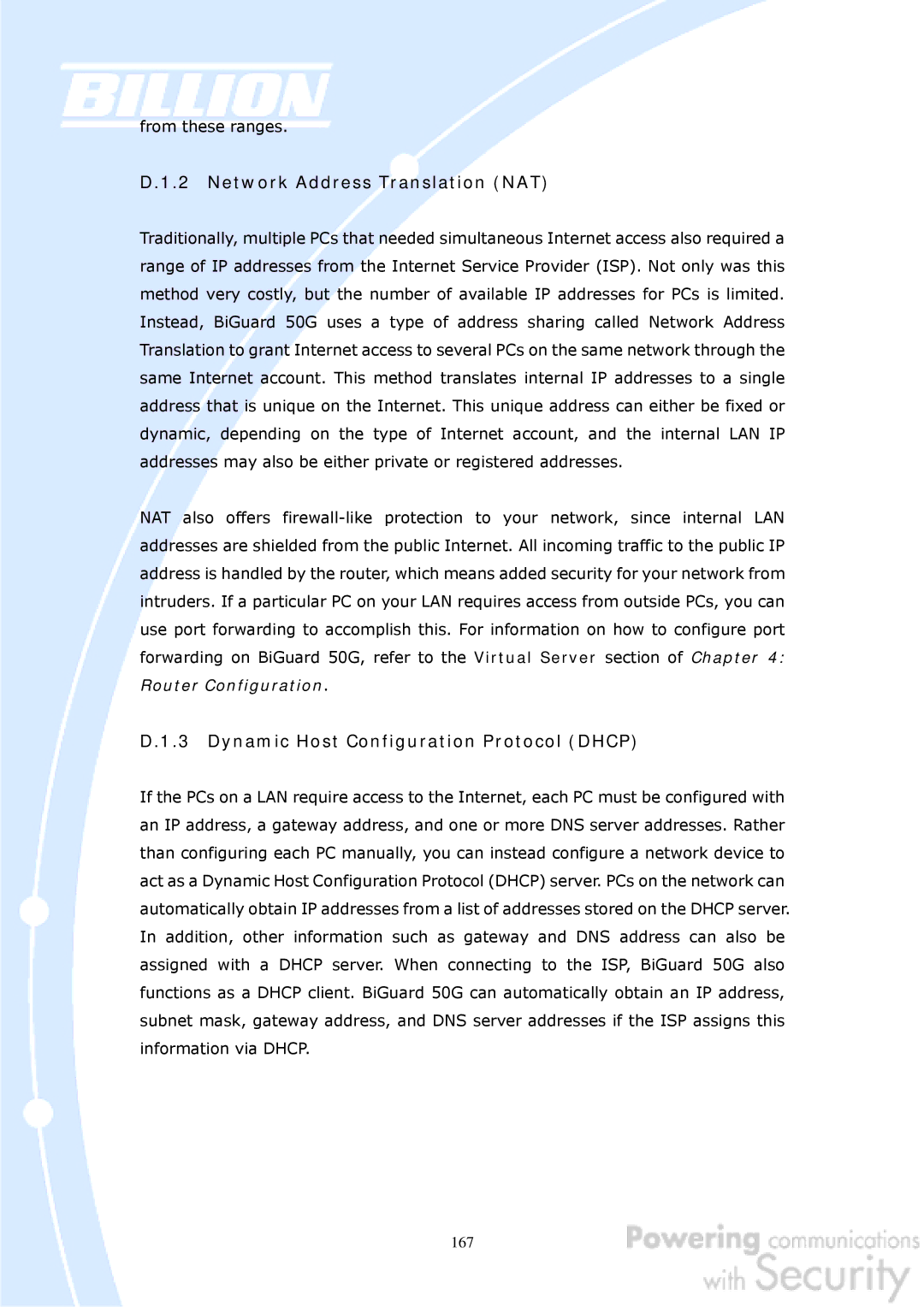 Billion Electric Company BiGuard 50G user manual Network Address Translation NAT, Dynamic Host Configuration Protocol Dhcp 