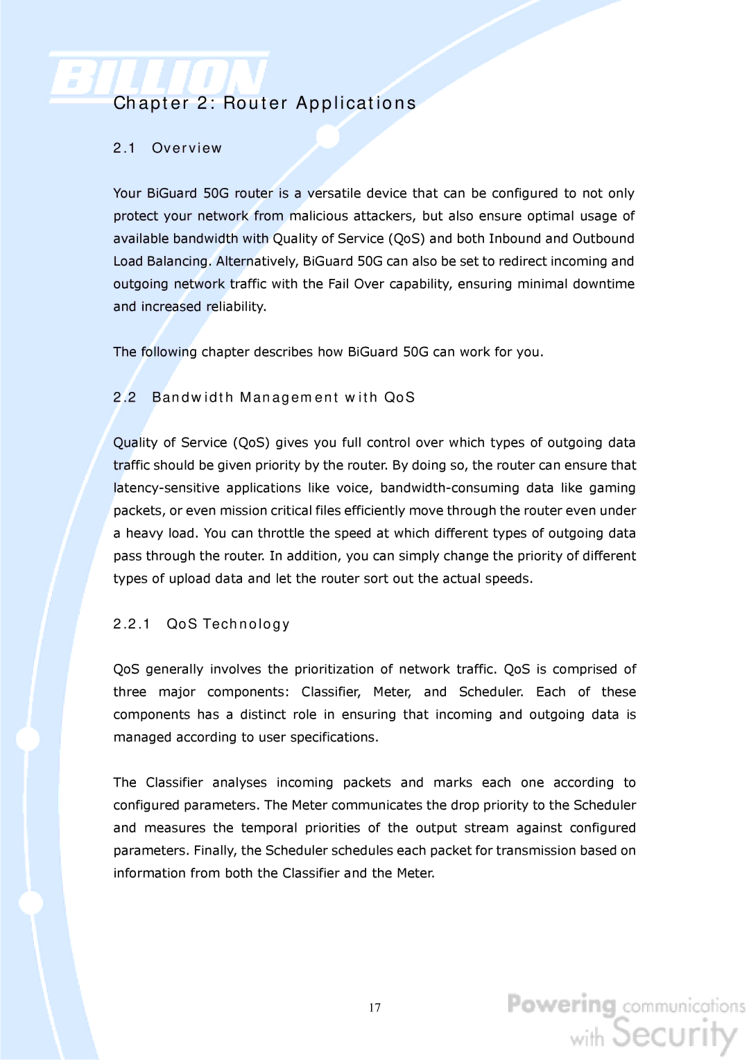 Billion Electric Company BiGuard 50G user manual Bandwidth Management with QoS, QoS Technology 