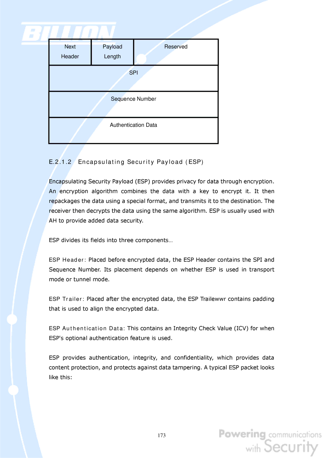 Billion Electric Company BiGuard 50G user manual Encapsulating Security Payload ESP 