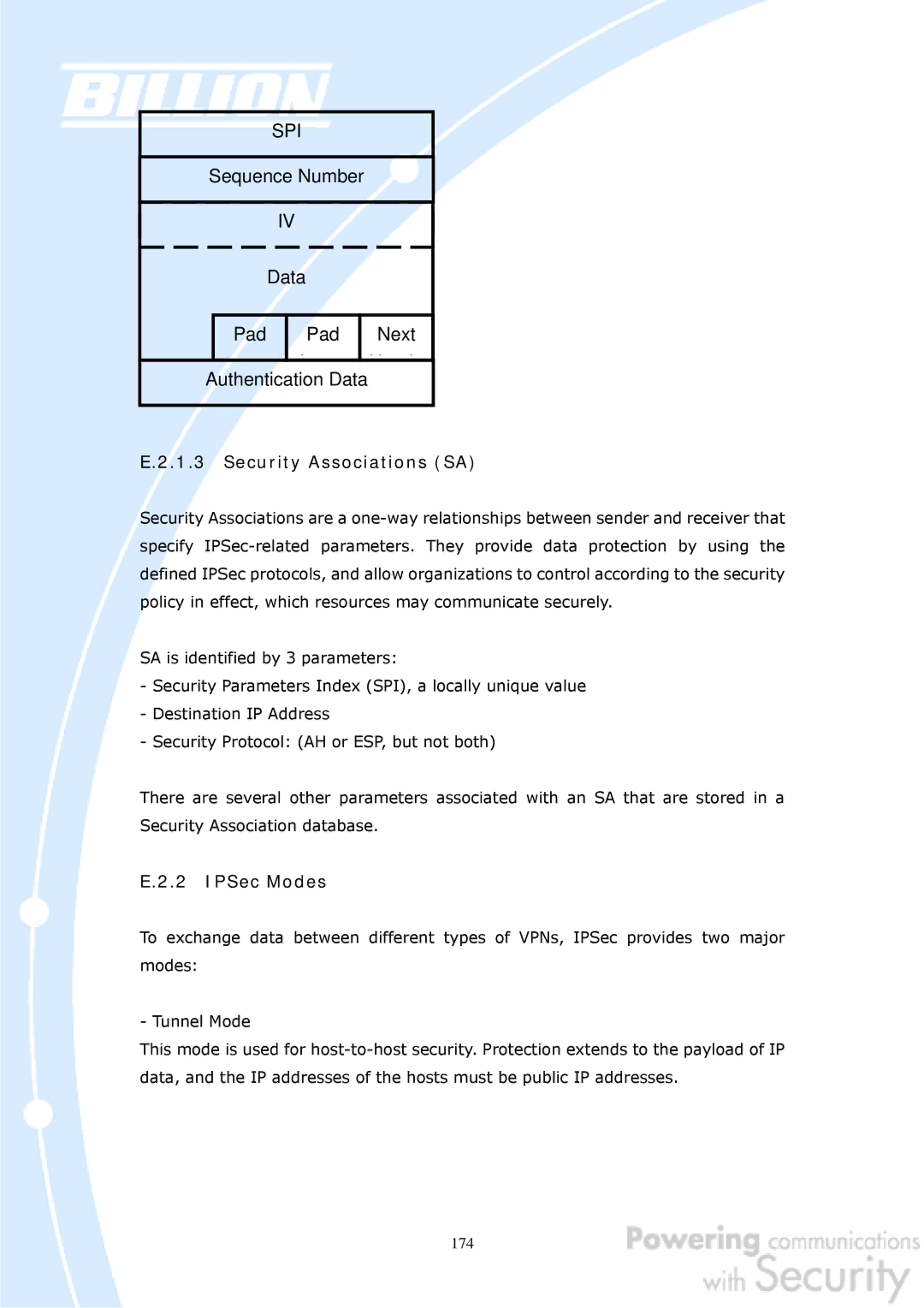 Billion Electric Company BiGuard 50G user manual Security Associations SA, IPSec Modes 