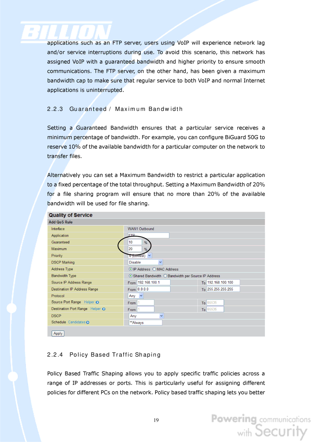 Billion Electric Company BiGuard 50G user manual Guaranteed / Maximum Bandwidth, Policy Based Traffic Shaping 