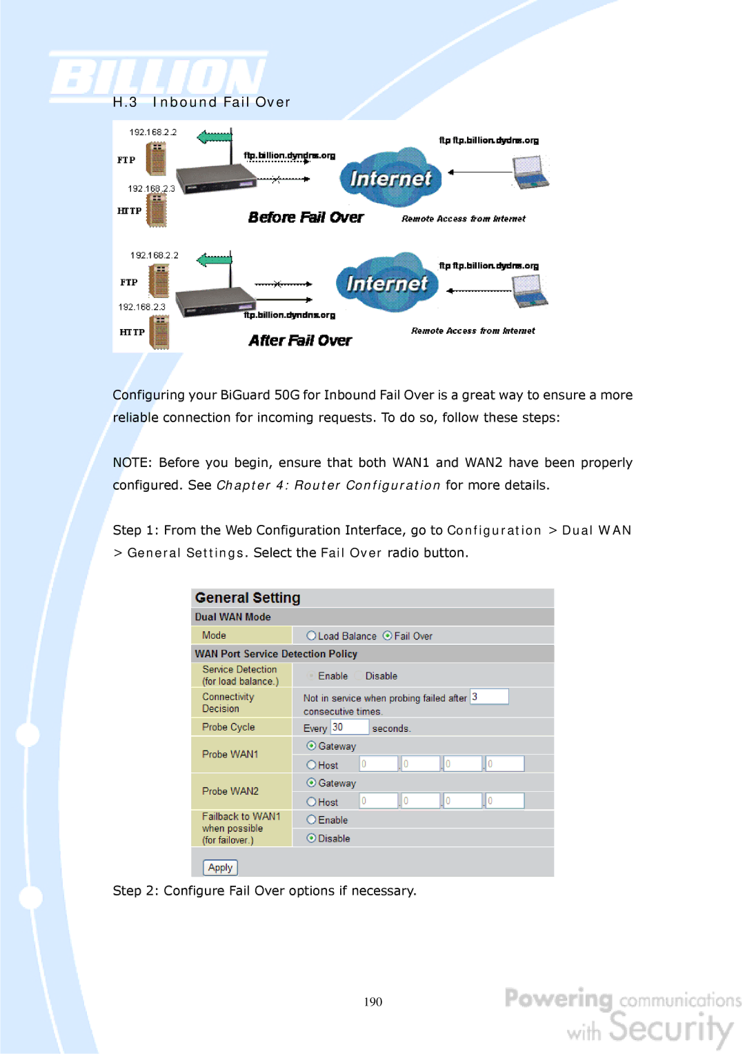 Billion Electric Company BiGuard 50G user manual Inbound Fail Over, General Settings. Select the Fail Over radio button 