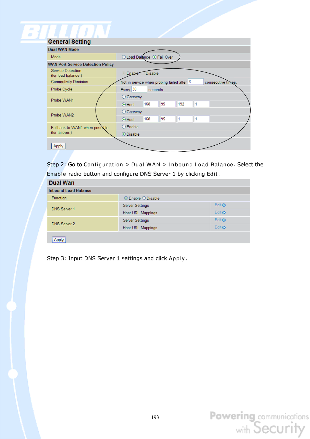 Billion Electric Company BiGuard 50G user manual Input DNS Server 1 settings and click Apply 