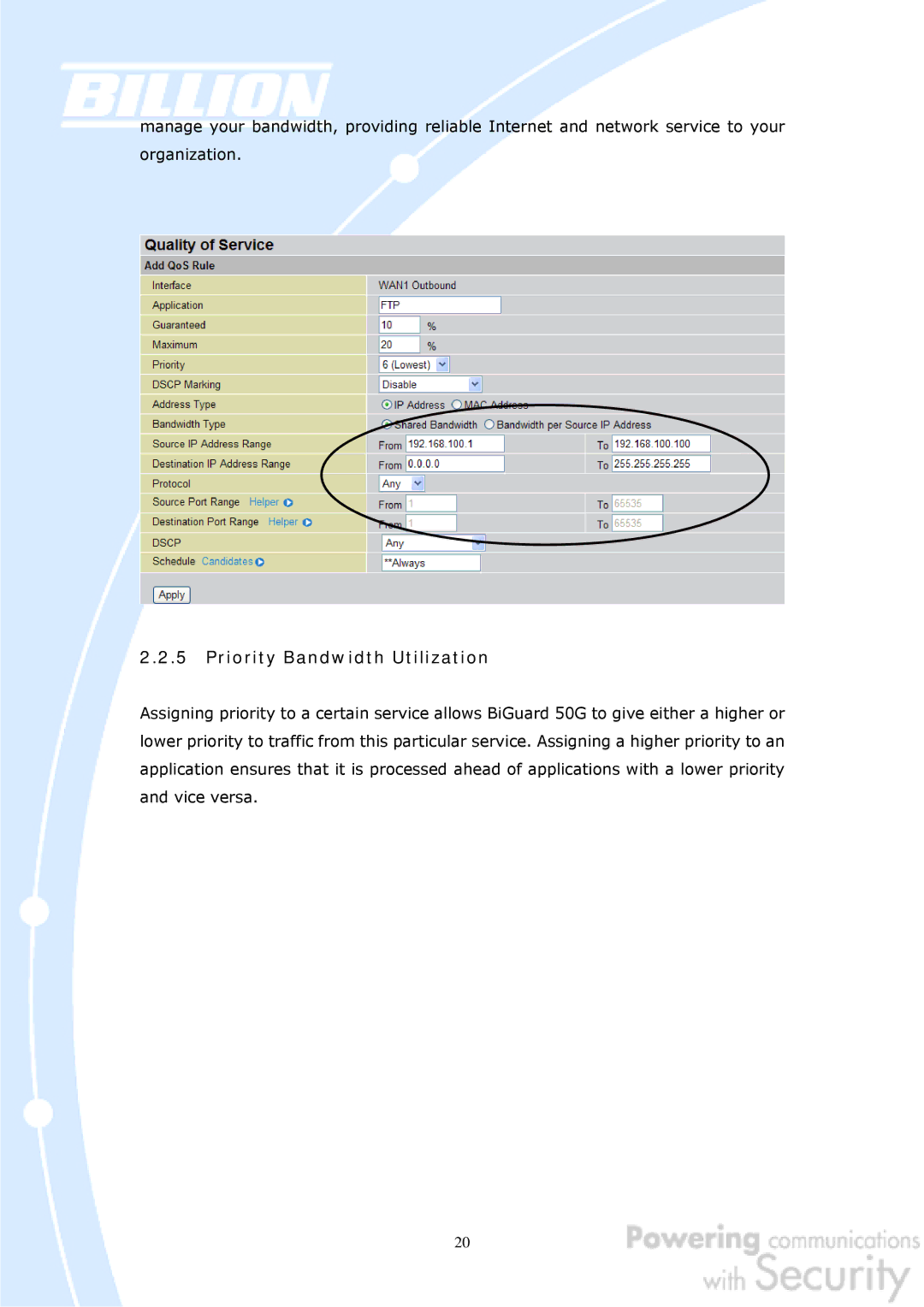 Billion Electric Company BiGuard 50G user manual Priority Bandwidth Utilization 