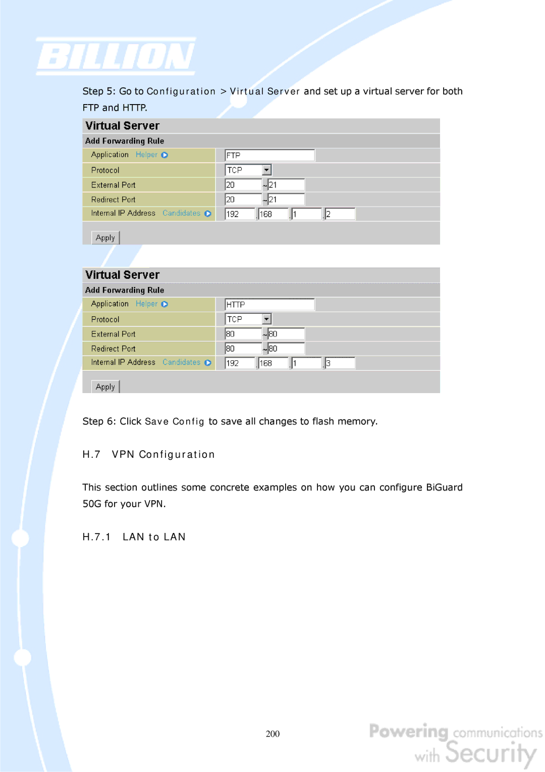 Billion Electric Company BiGuard 50G user manual VPN Configuration, LAN to LAN 