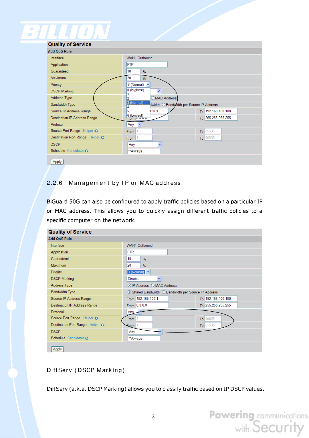 Billion Electric Company BiGuard 50G user manual Management by IP or MAC address, DiffServ Dscp Marking 