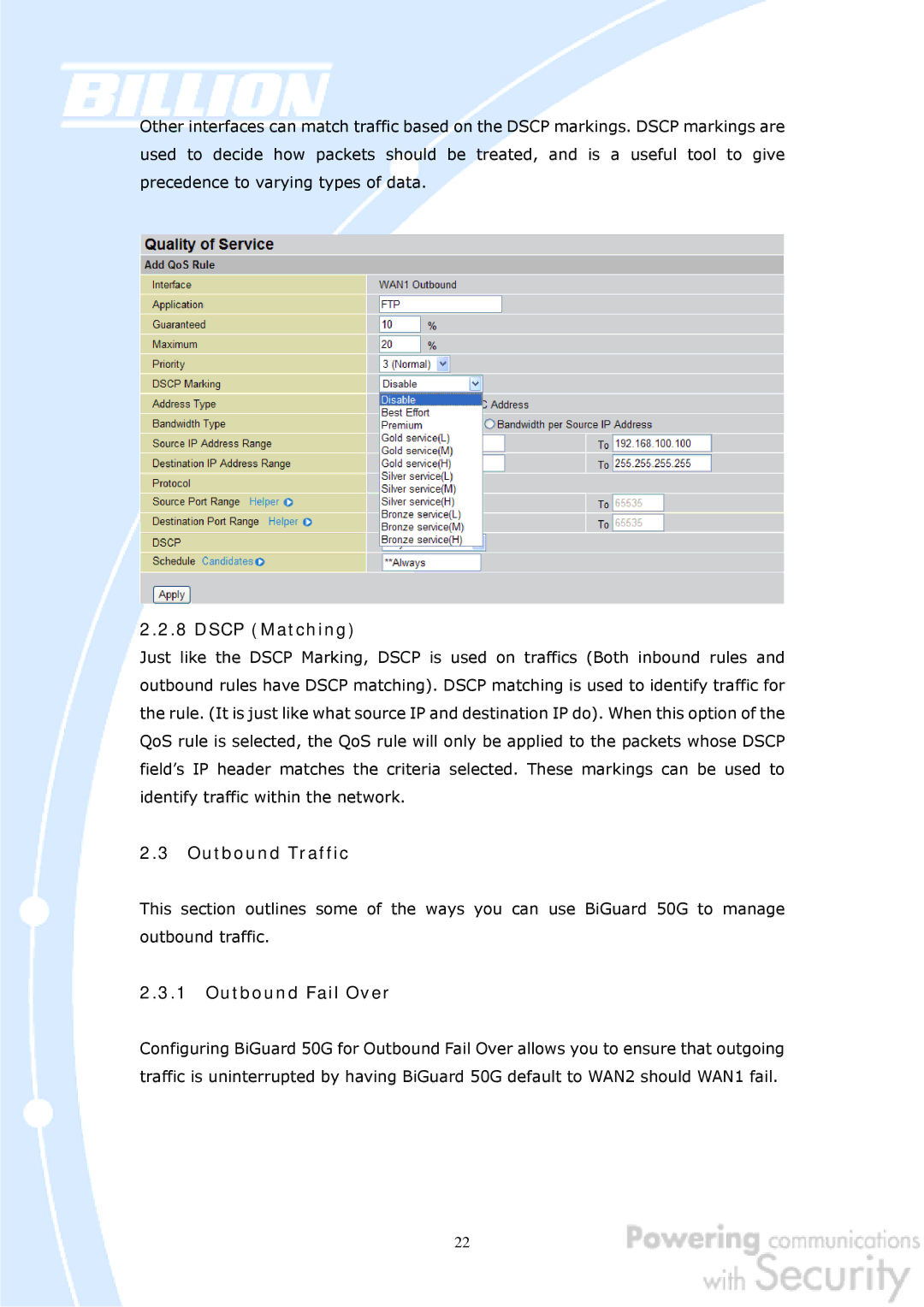 Billion Electric Company BiGuard 50G user manual Dscp Matching 