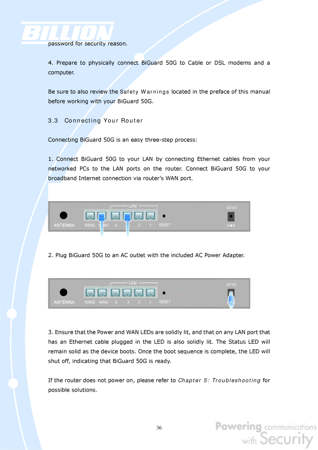 Billion Electric Company BiGuard 50G user manual Connecting Your Router 