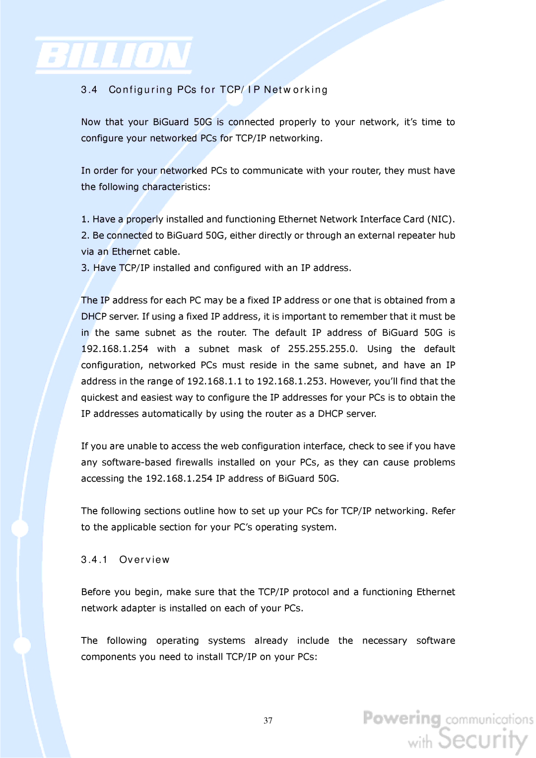 Billion Electric Company BiGuard 50G user manual Configuring PCs for TCP/IP Networking 