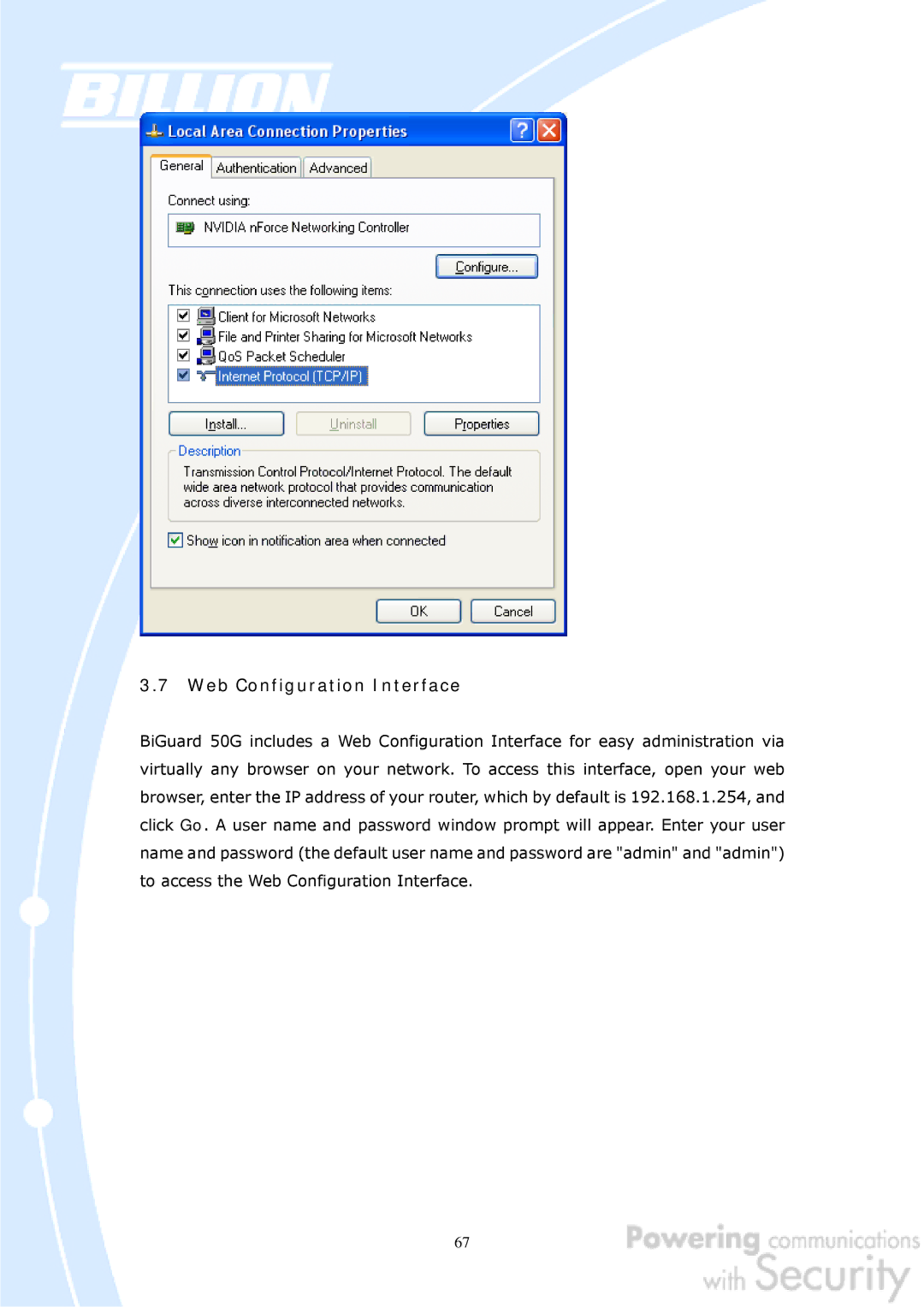 Billion Electric Company BiGuard 50G user manual Web Configuration Interface 