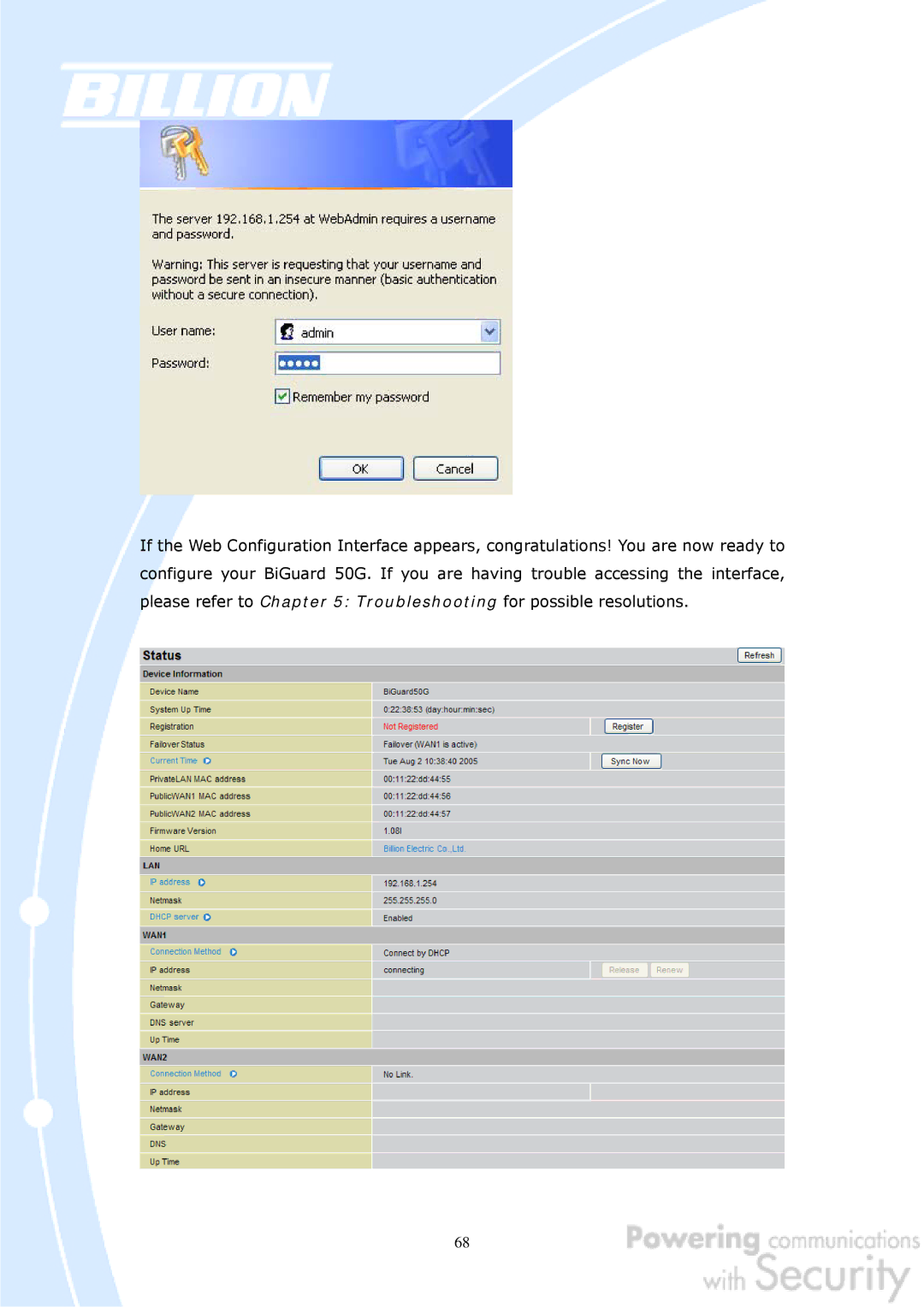 Billion Electric Company BiGuard 50G user manual 