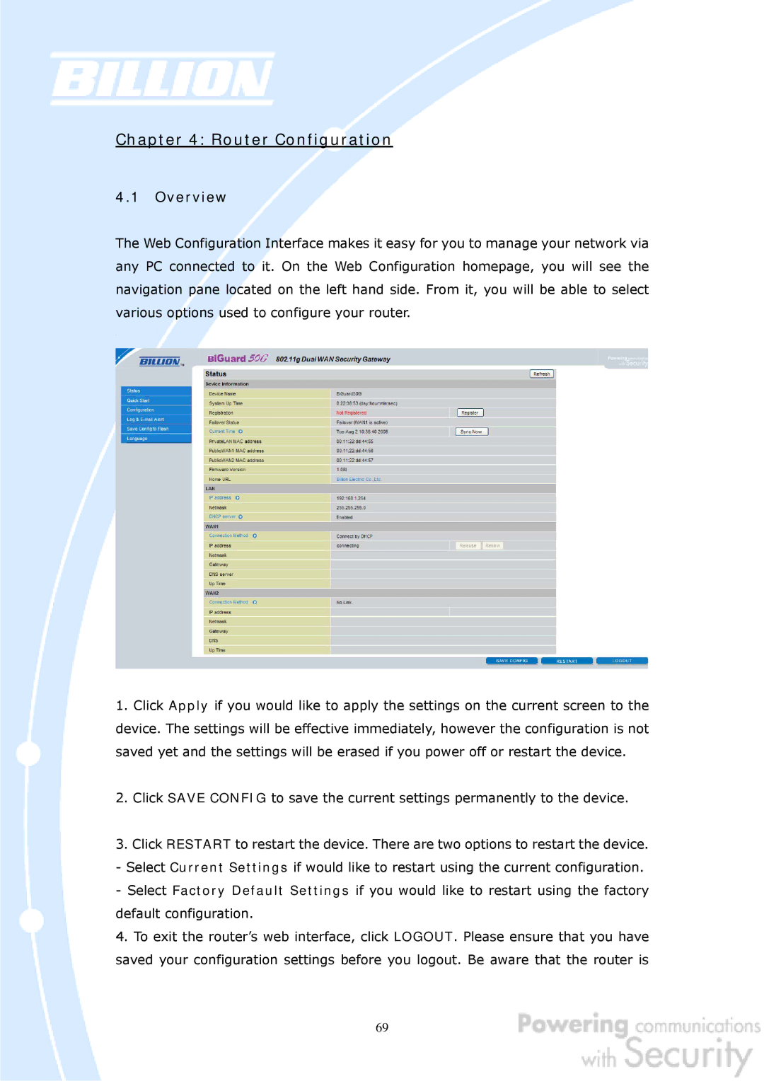 Billion Electric Company BiGuard 50G user manual Router Configuration 