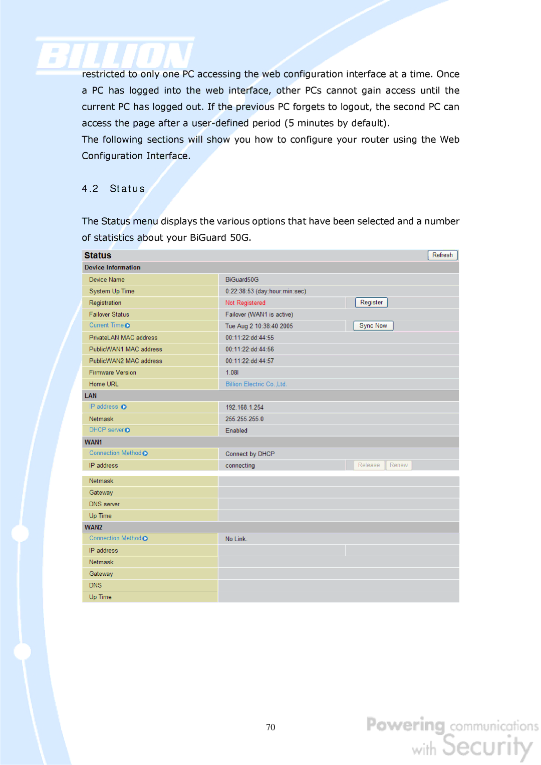 Billion Electric Company BiGuard 50G user manual Status 