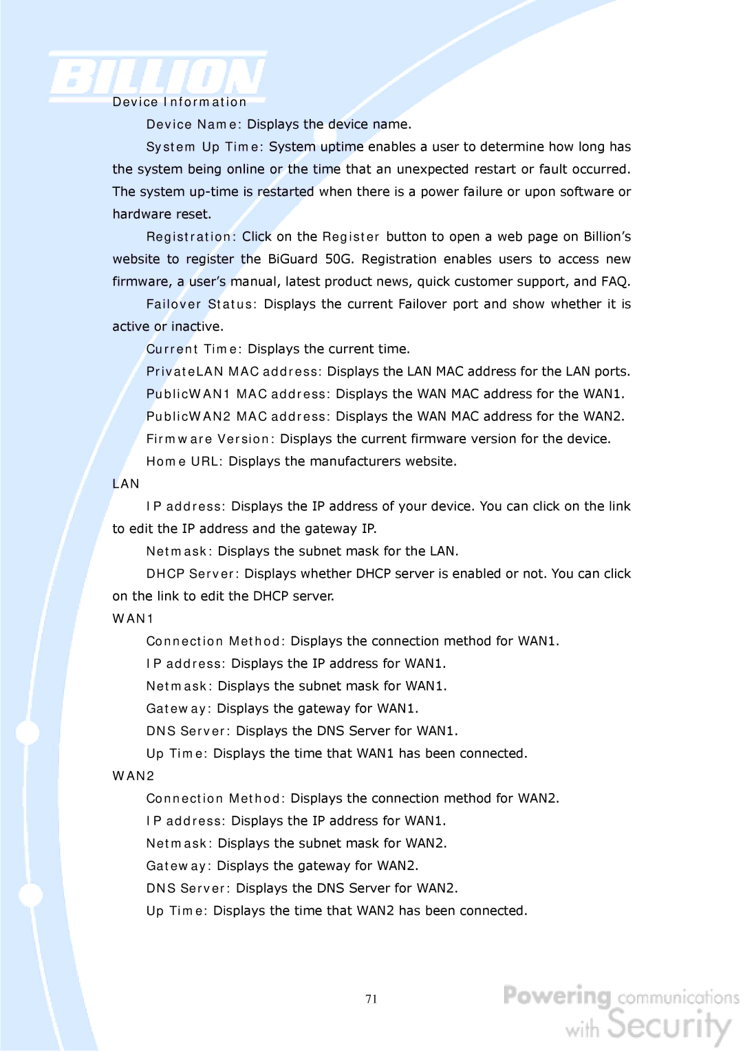 Billion Electric Company BiGuard 50G user manual Device Information, Lan 