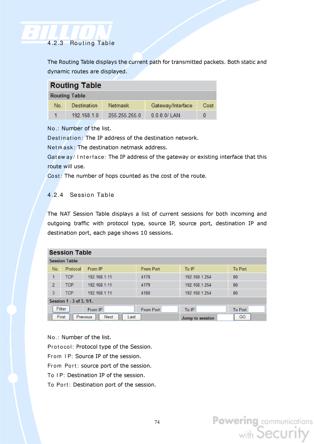 Billion Electric Company BiGuard 50G user manual Routing Table, Session Table 