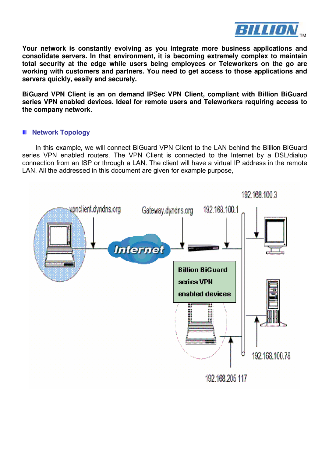 Billion Electric Company BiGuard Series manual Network Topology 