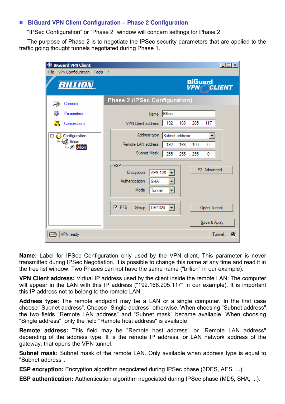 Billion Electric Company BiGuard Series manual BiGuard VPN Client Configuration Phase 2 Configuration 