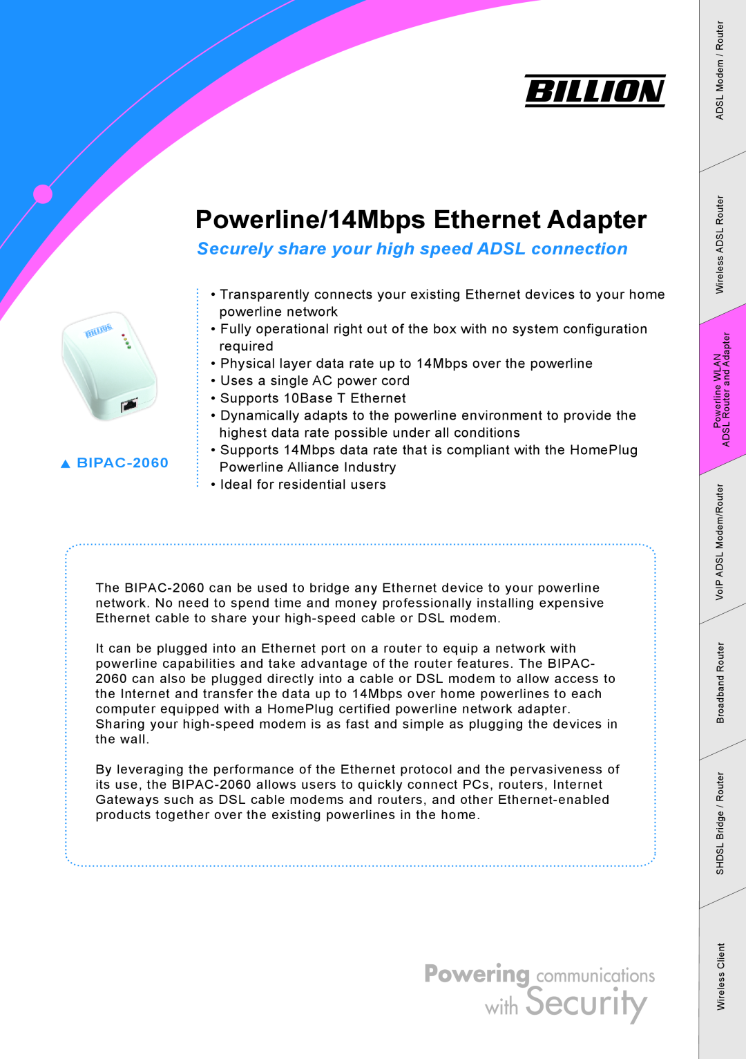 Billion Electric Company BIPAC-2060 manual Powerline/14Mbps Ethernet Adapter, Powerline Alliance Industry 