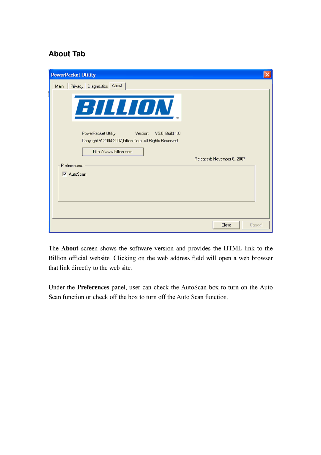 Billion Electric Company BiPAC 2072, BIPAC 2071 user manual About Tab 