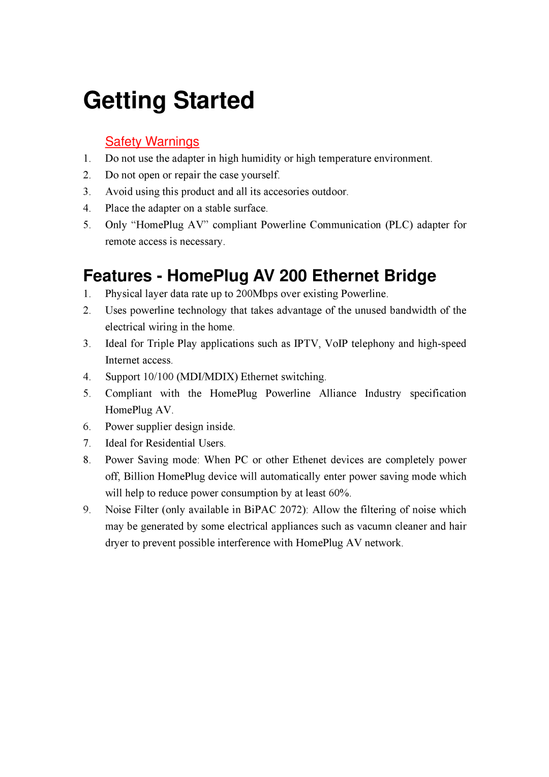 Billion Electric Company BIPAC 2071, BiPAC 2072 user manual Getting Started, Features HomePlug AV 200 Ethernet Bridge 