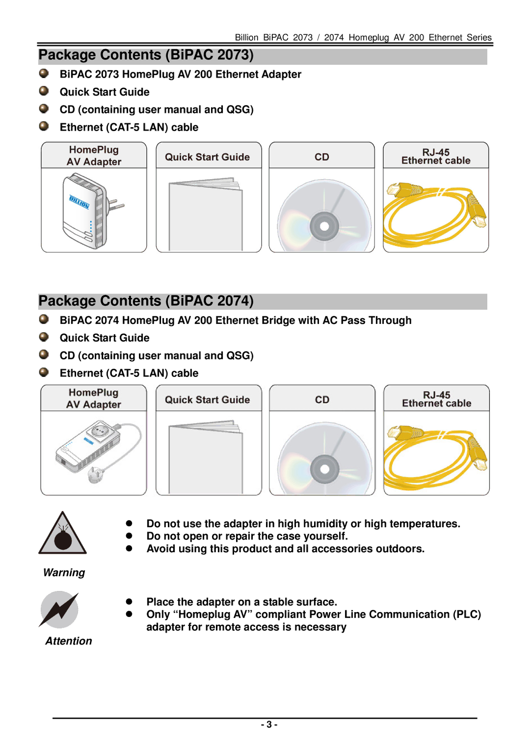 Billion Electric Company BiPAC 2073 quick start Package Contents BiPAC 