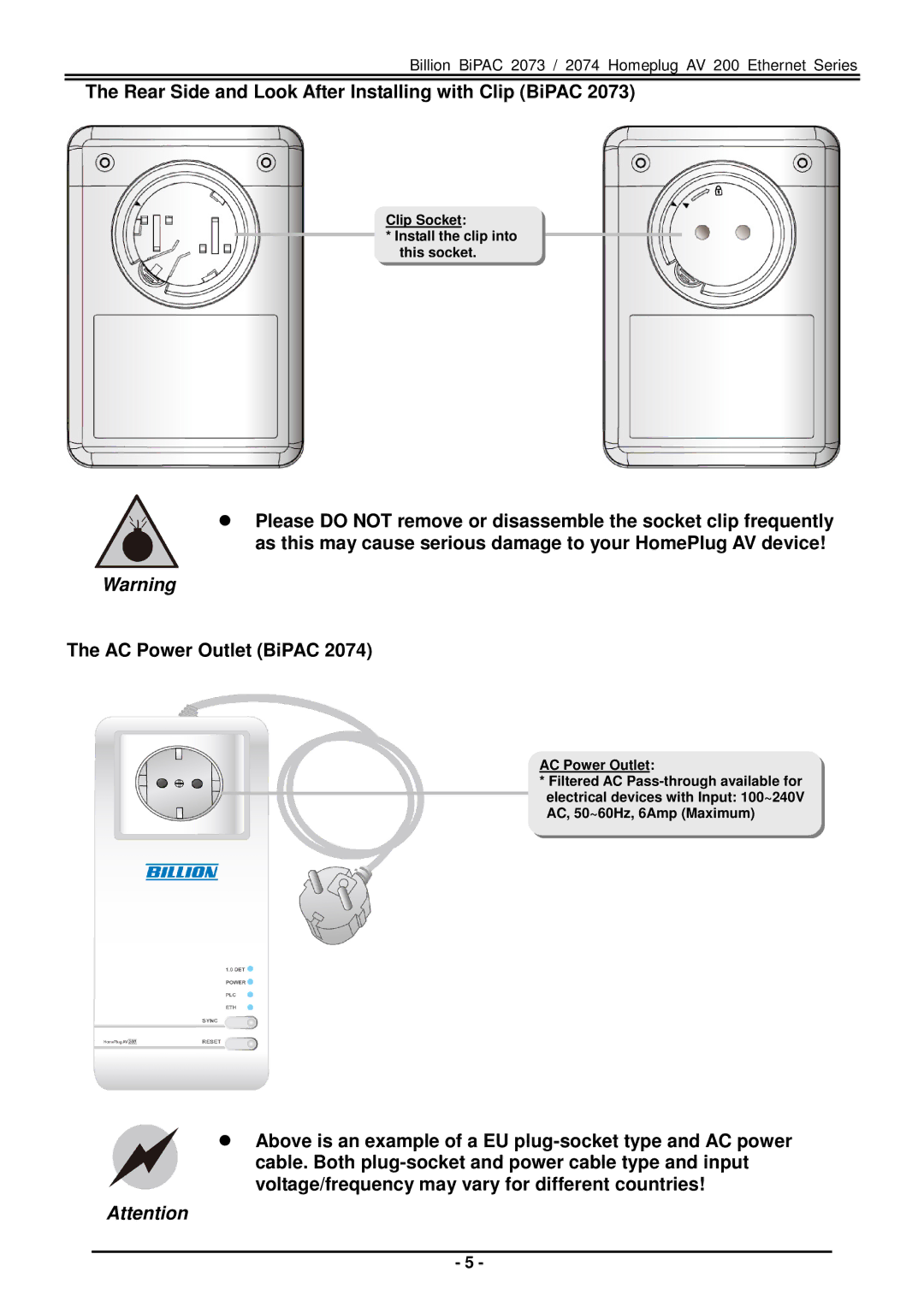 Billion Electric Company BiPAC 2073 quick start Rear Side and Look After Installing with Clip BiPAC 