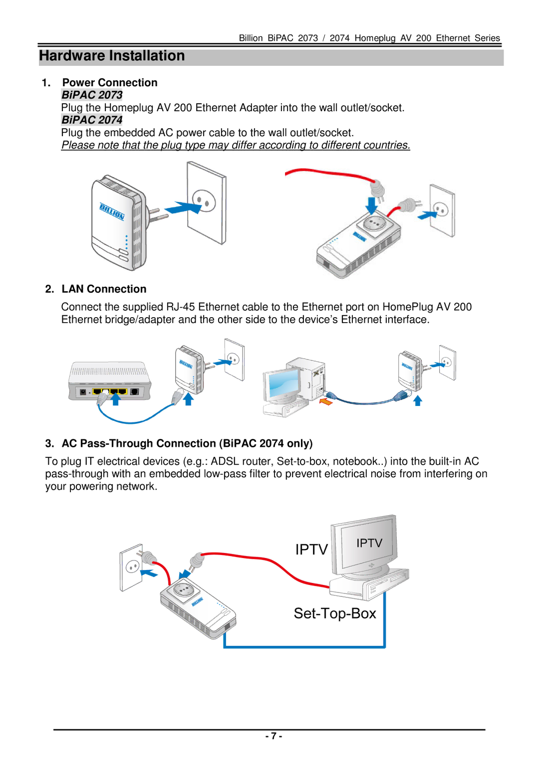 Billion Electric Company BiPAC 2073 quick start Hardware Installation, Power Connection BiPAC, LAN Connection 