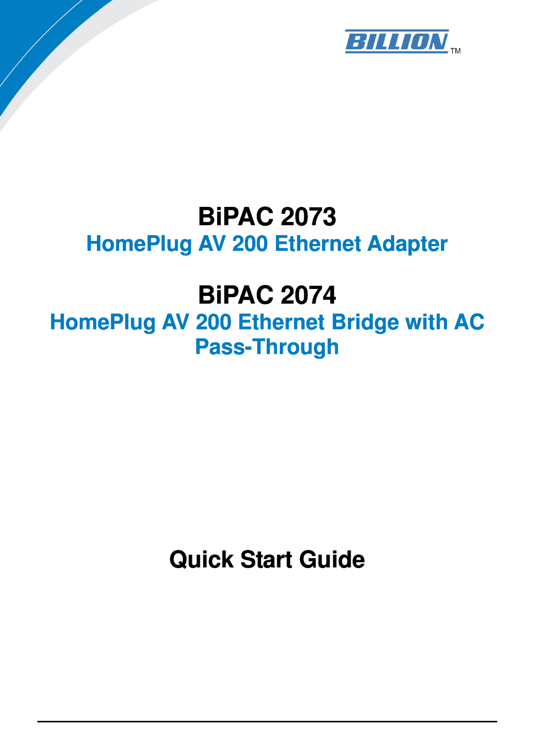 Billion Electric Company BiPAC 2073 quick start Quick Start Guide, HomePlug AV 200 Ethernet Adapter 