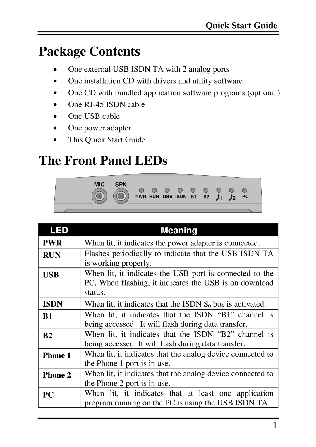 Billion Electric Company BIPAC-221 quick start Package Contents, Front Panel LEDs 