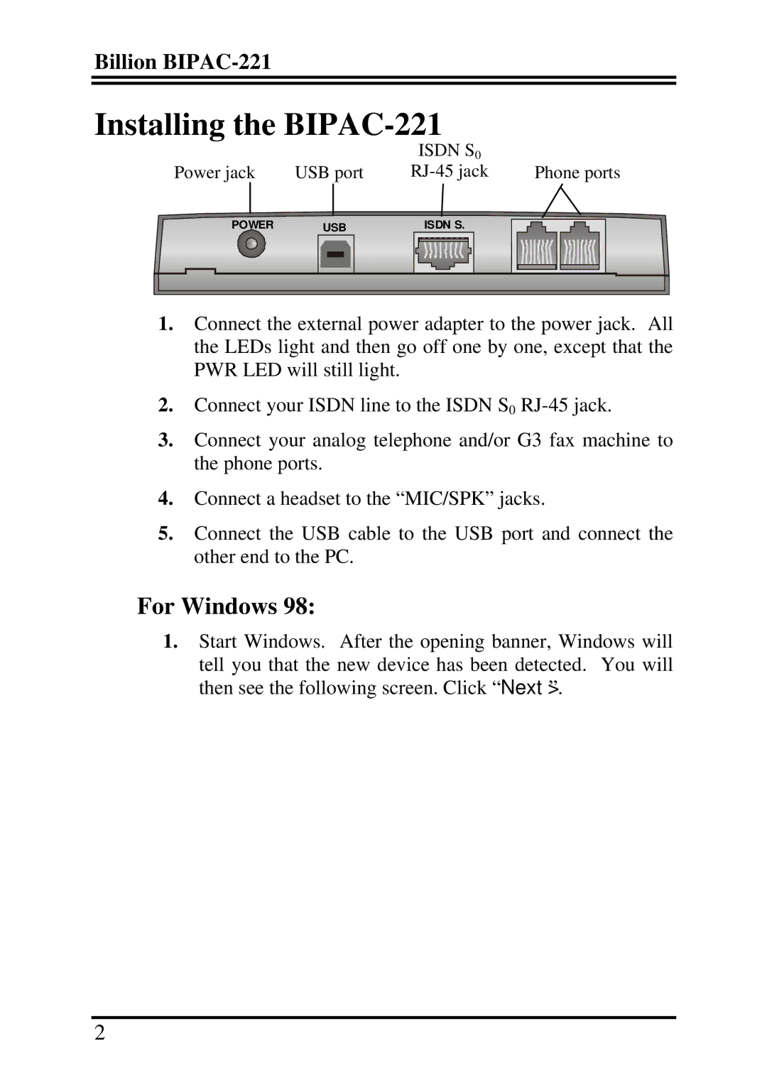 Billion Electric Company quick start Installing the BIPAC-221, For Windows 