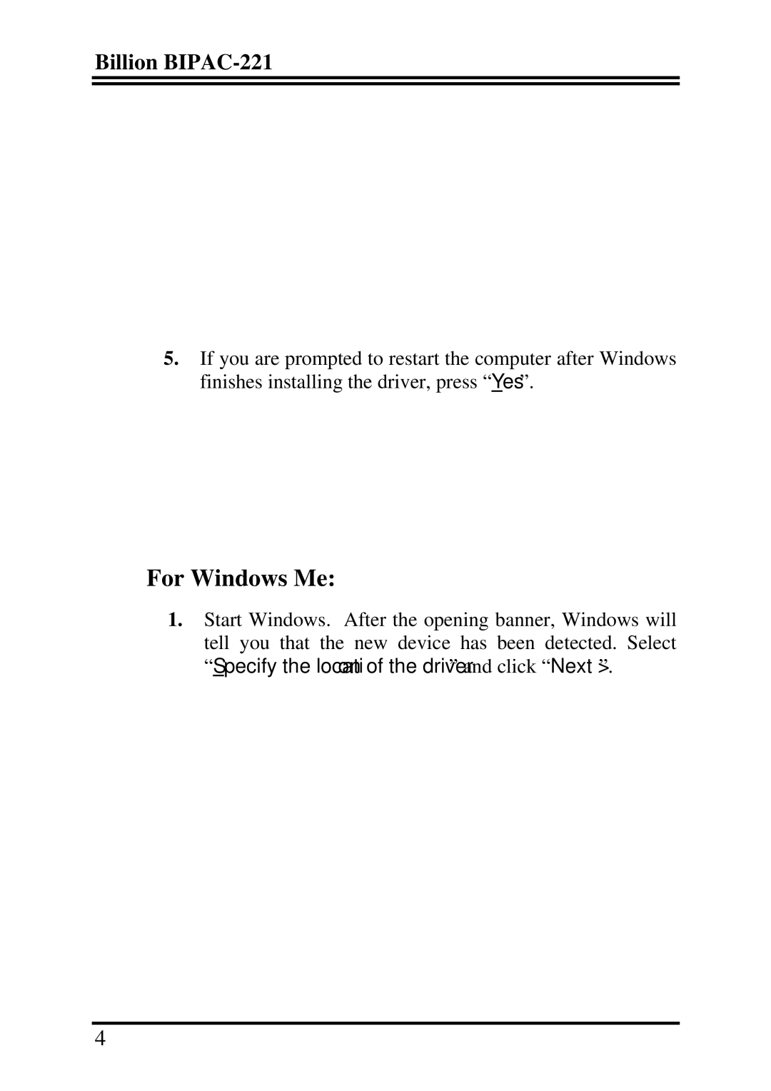 Billion Electric Company BIPAC-221 quick start For Windows Me 