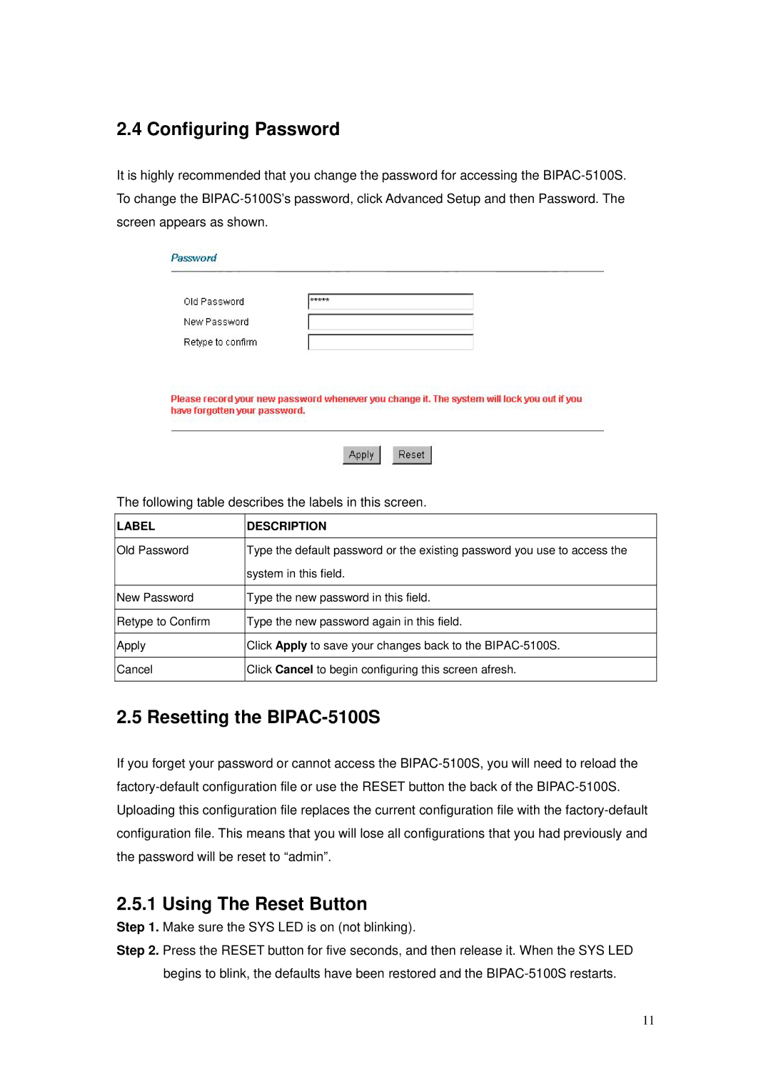 Billion Electric Company user manual Configuring Password, Resetting the BIPAC-5100S, Using The Reset Button 