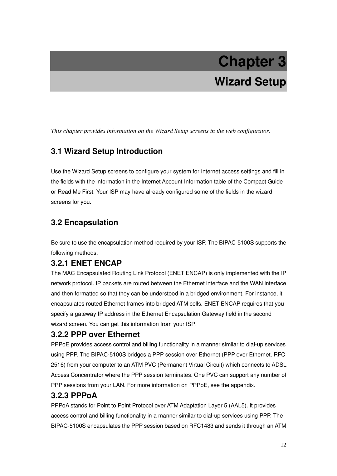 Billion Electric Company BIPAC-5100S user manual Wizard Setup Introduction, Encapsulation, PPP over Ethernet, PPPoA 