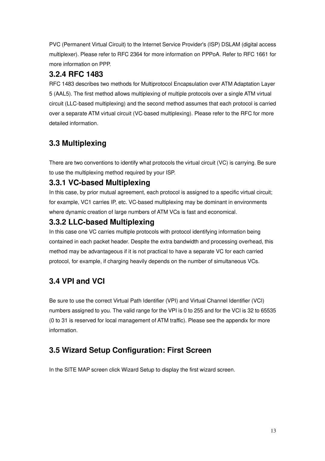 Billion Electric Company BIPAC-5100S user manual 4 RFC, VC-based Multiplexing, LLC-based Multiplexing, VPI and VCI 