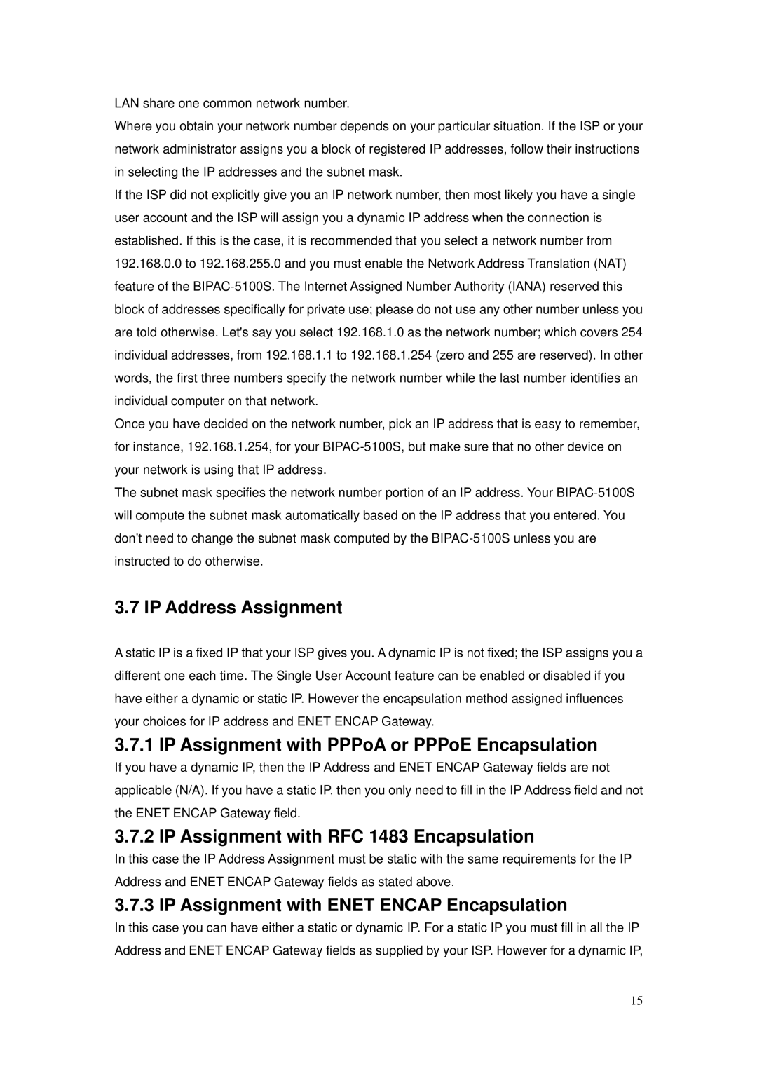 Billion Electric Company BIPAC-5100S user manual IP Address Assignment, IP Assignment with PPPoA or PPPoE Encapsulation 