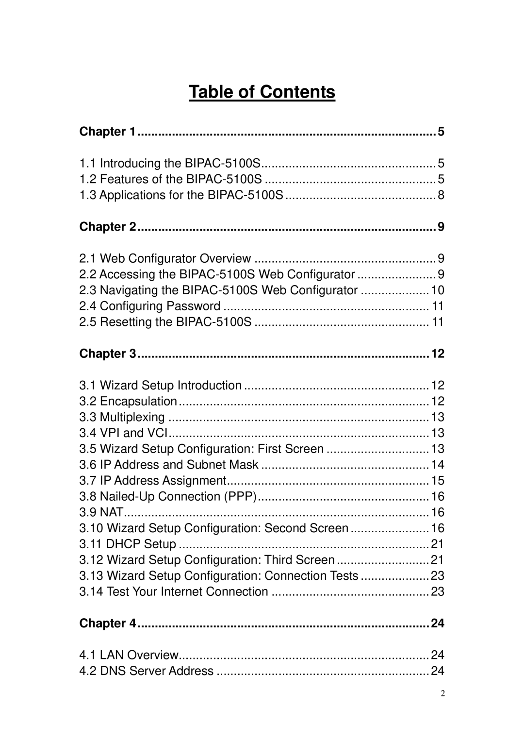 Billion Electric Company BIPAC-5100S user manual Table of Contents 