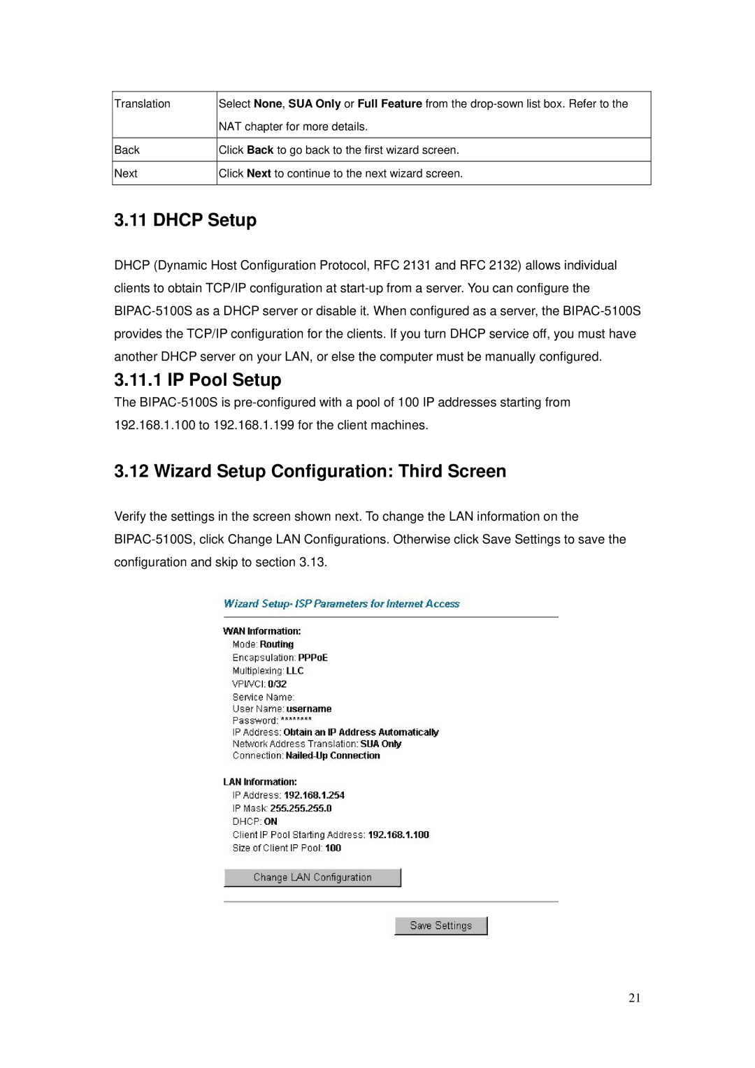 Billion Electric Company BIPAC-5100S user manual Dhcp Setup, IP Pool Setup, Wizard Setup Configuration Third Screen 