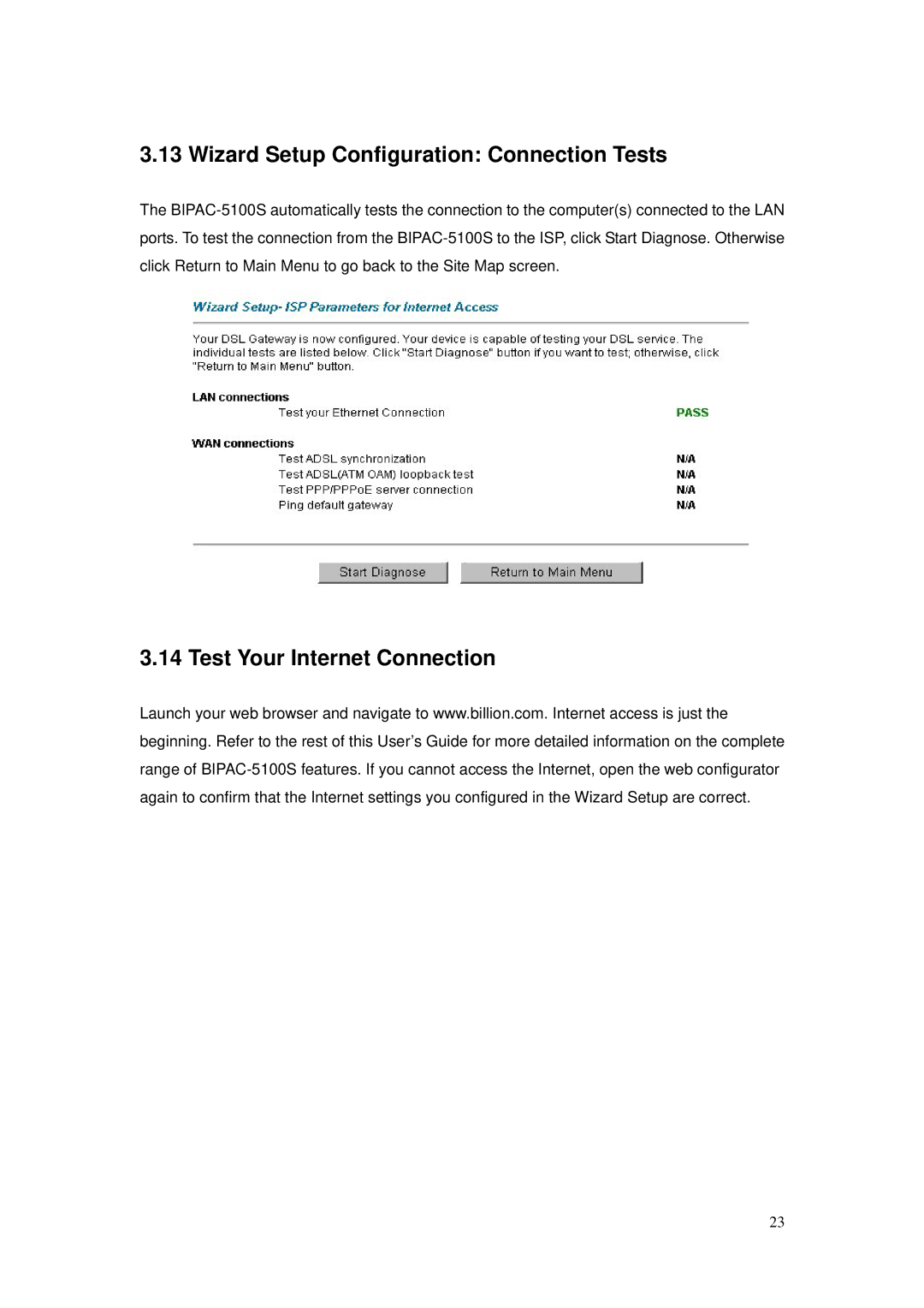 Billion Electric Company BIPAC-5100S user manual Wizard Setup Configuration Connection Tests, Test Your Internet Connection 