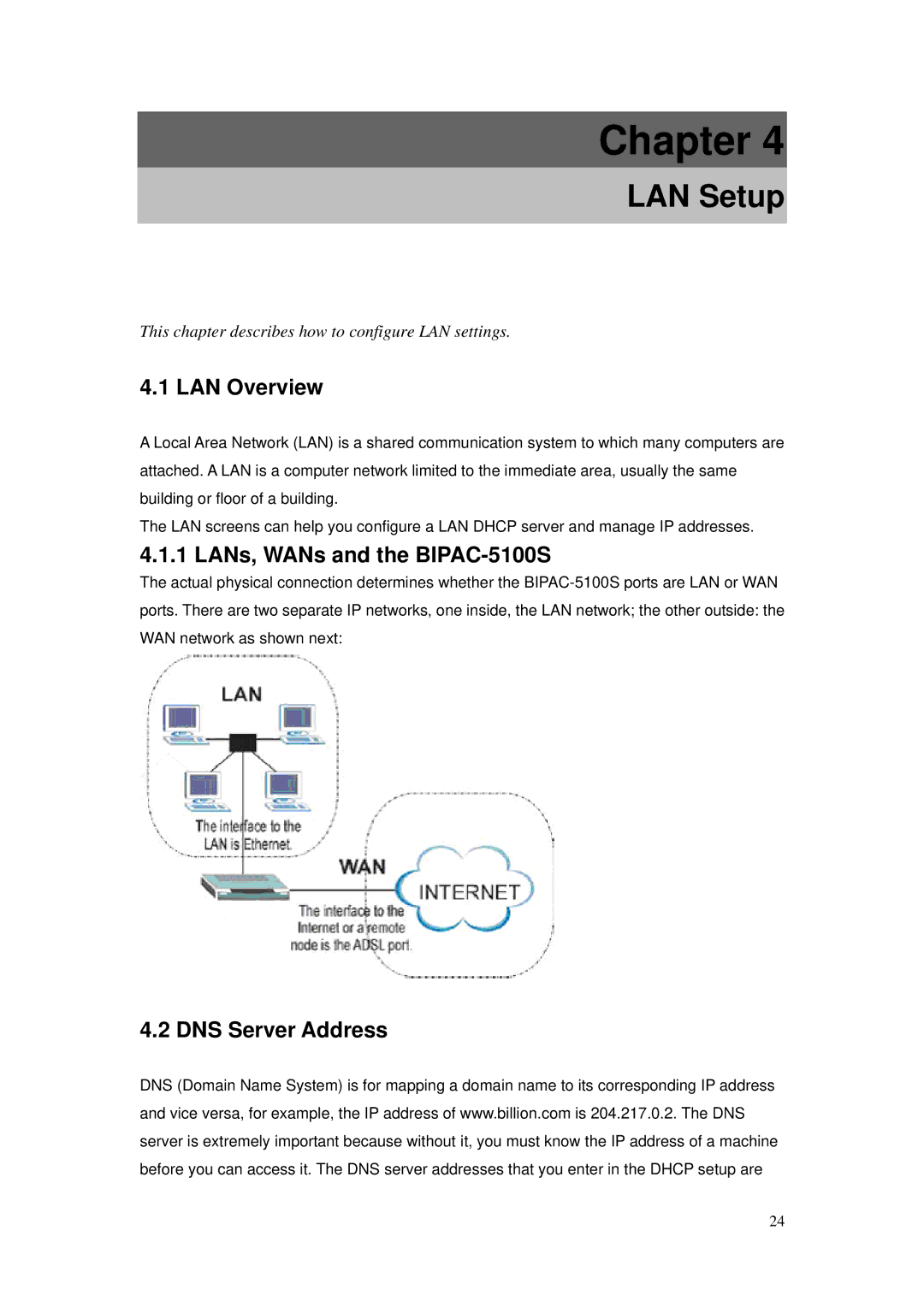 Billion Electric Company user manual LAN Setup, LAN Overview, LANs, WANs and the BIPAC-5100S, DNS Server Address 