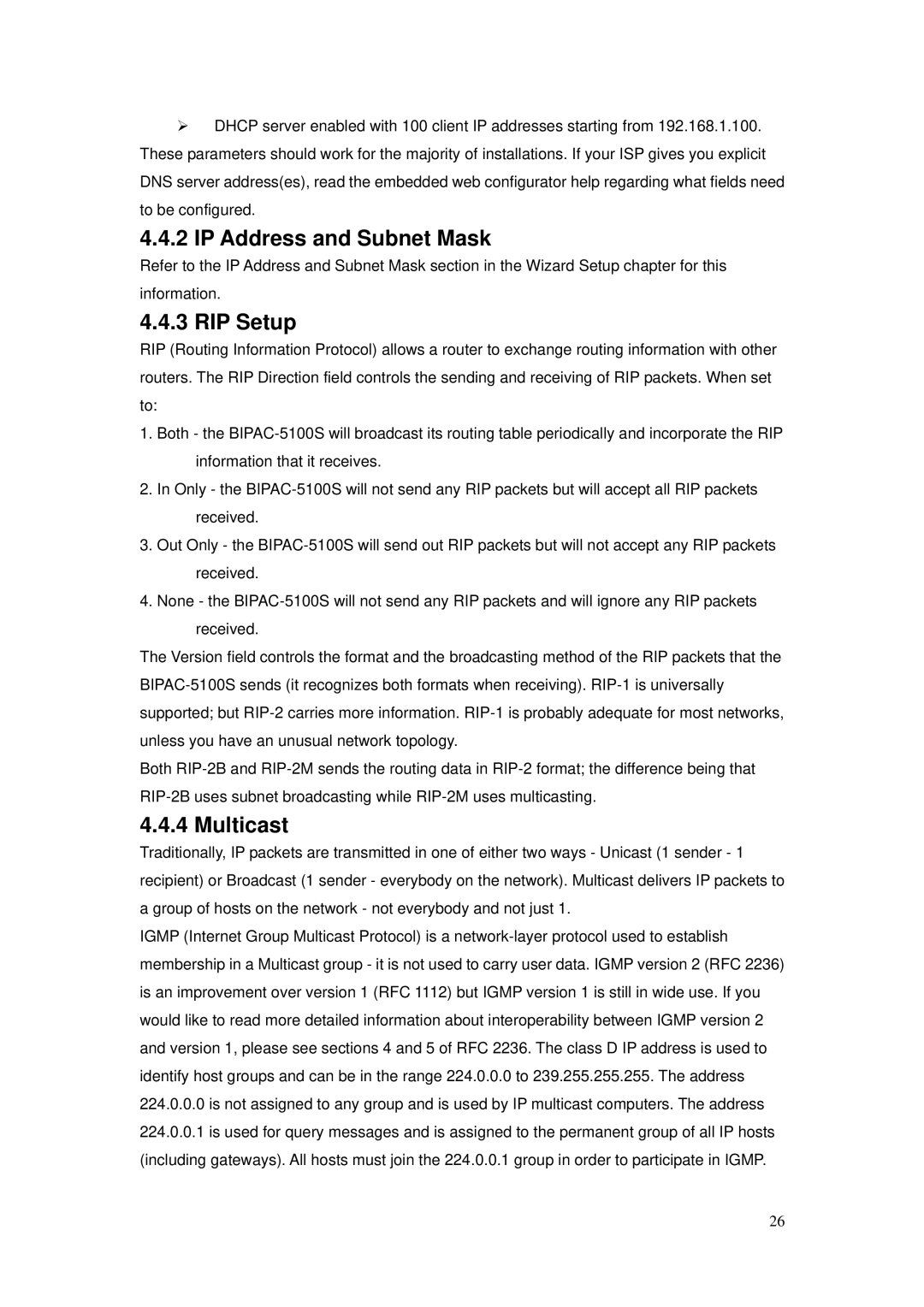 Billion Electric Company BIPAC-5100S user manual RIP Setup, Multicast 