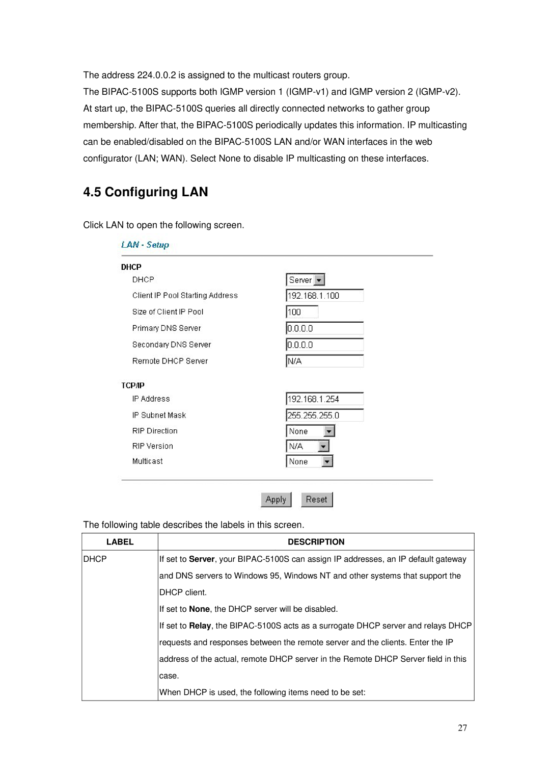 Billion Electric Company BIPAC-5100S user manual Configuring LAN 