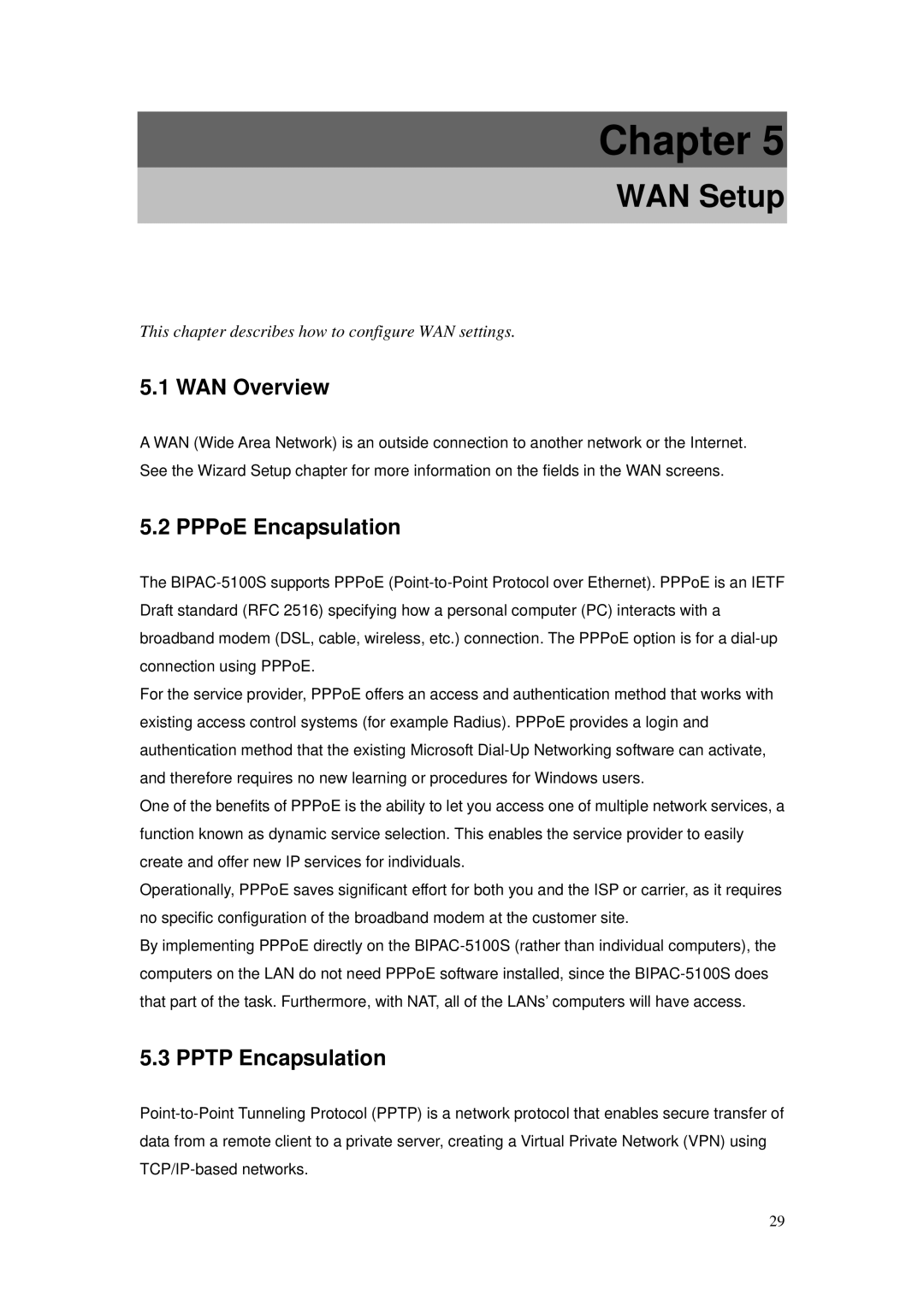 Billion Electric Company BIPAC-5100S user manual WAN Setup, WAN Overview, PPPoE Encapsulation, Pptp Encapsulation 