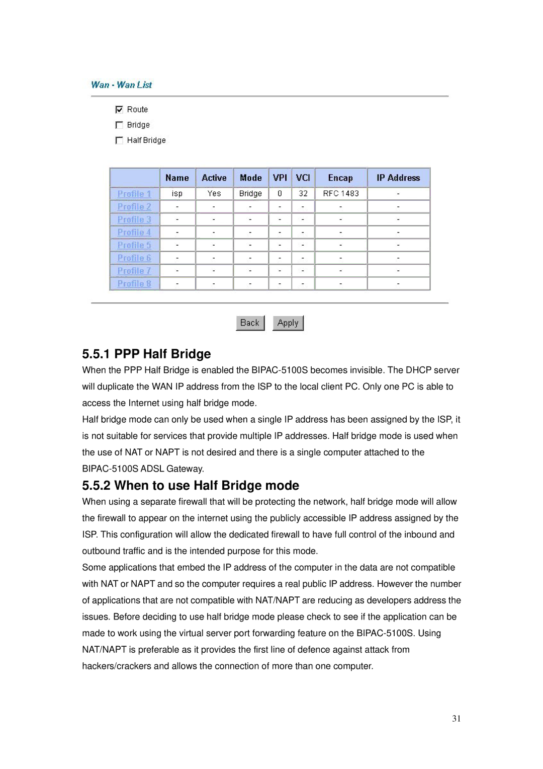 Billion Electric Company BIPAC-5100S user manual PPP Half Bridge, When to use Half Bridge mode 