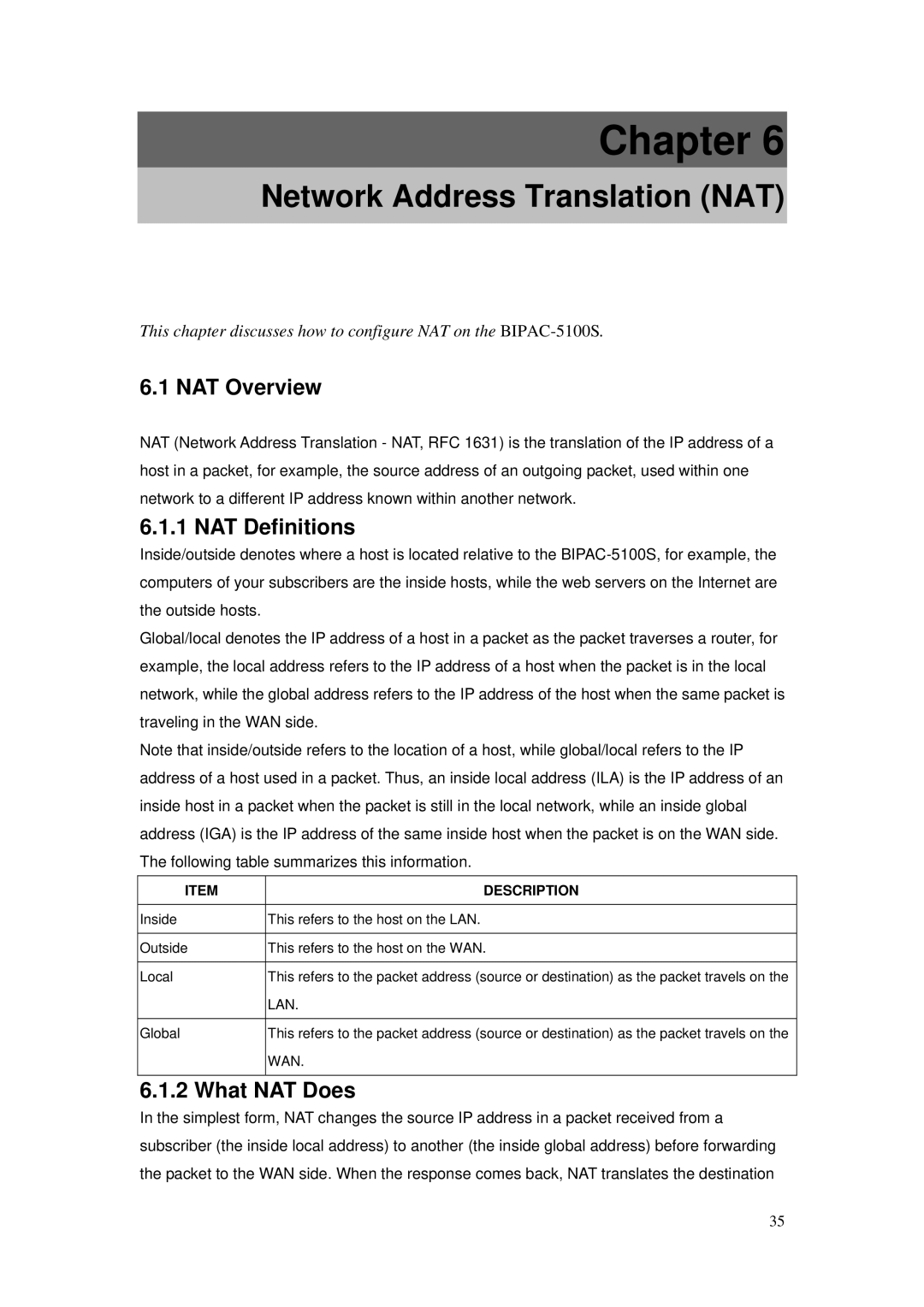 Billion Electric Company BIPAC-5100S Network Address Translation NAT, NAT Overview, NAT Definitions, What NAT Does 