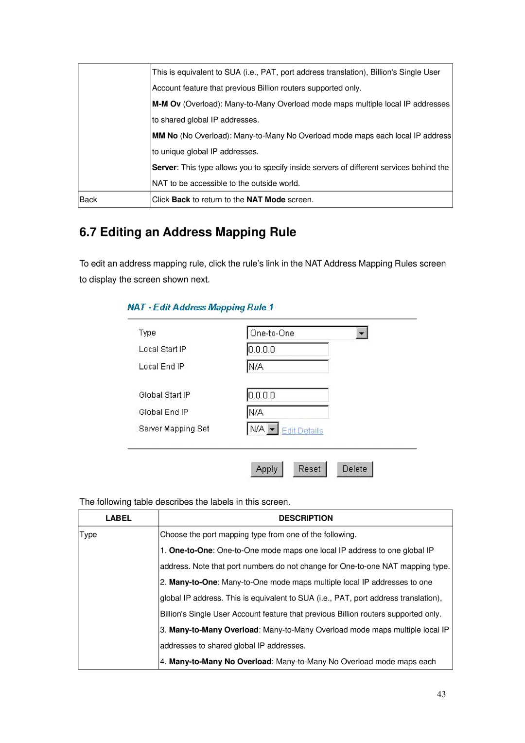 Billion Electric Company BIPAC-5100S user manual Editing an Address Mapping Rule 