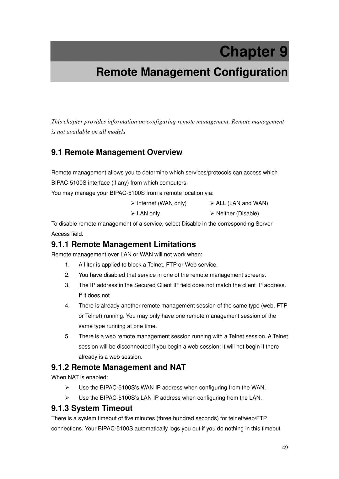 Billion Electric Company BIPAC-5100S Remote Management Configuration, Remote Management Overview, System Timeout 