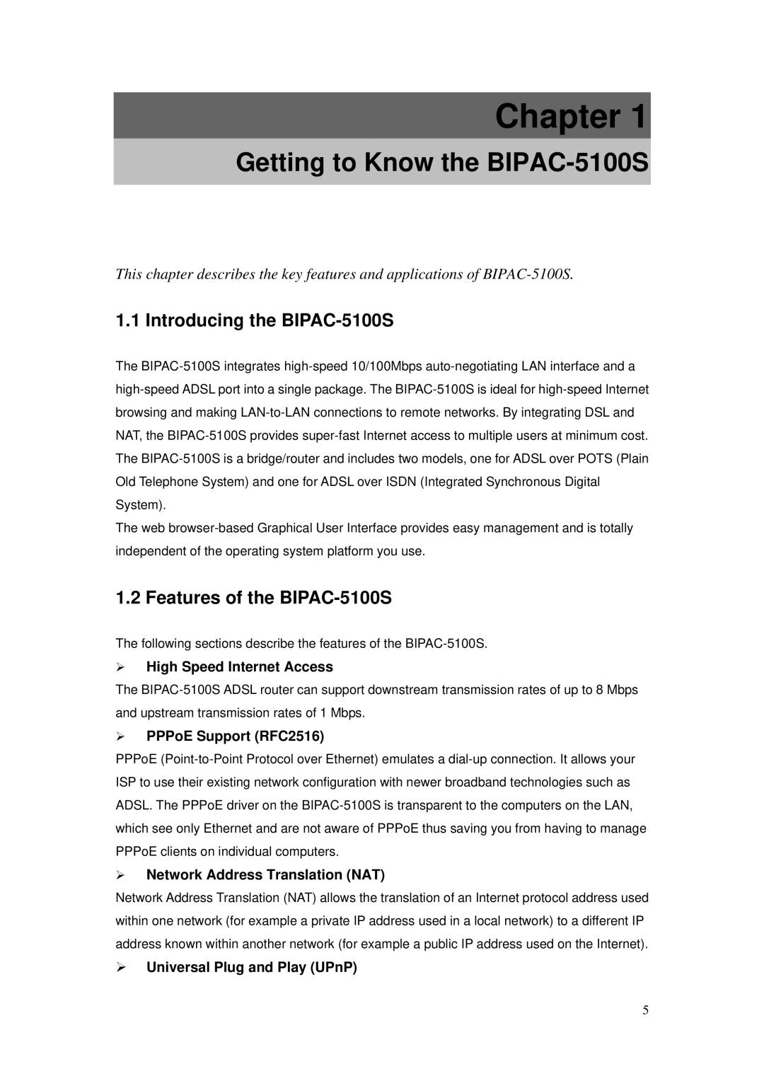 Billion Electric Company Getting to Know the BIPAC-5100S, Introducing the BIPAC-5100S, Features of the BIPAC-5100S 