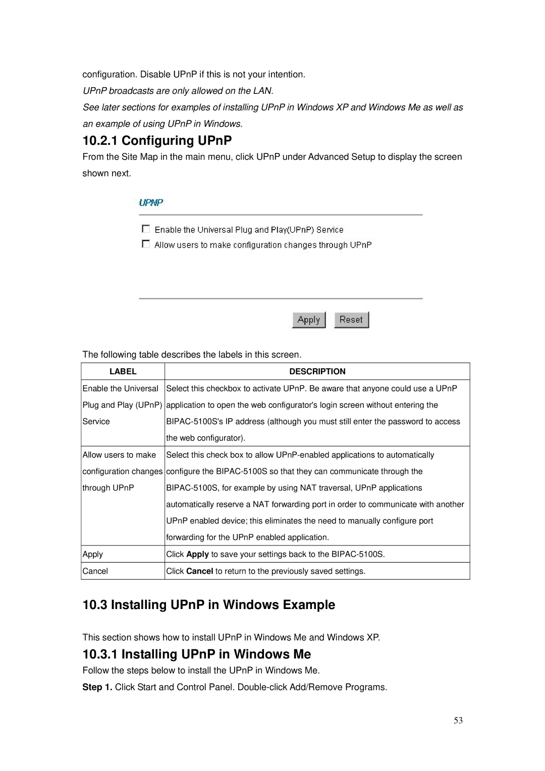 Billion Electric Company BIPAC-5100S Configuring UPnP, Installing UPnP in Windows Example, Installing UPnP in Windows Me 